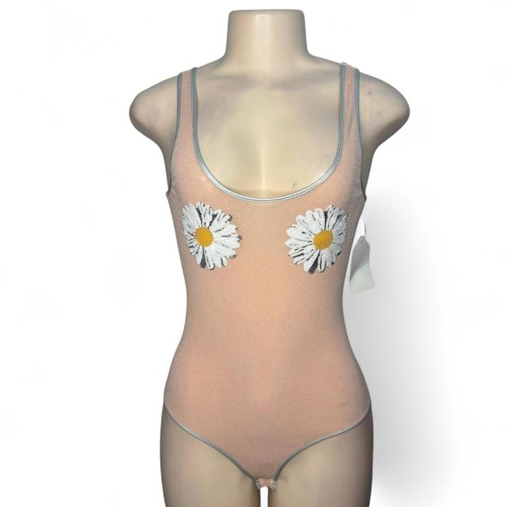 Peach Sheer mesh bodysuit with daisy flower embellishments